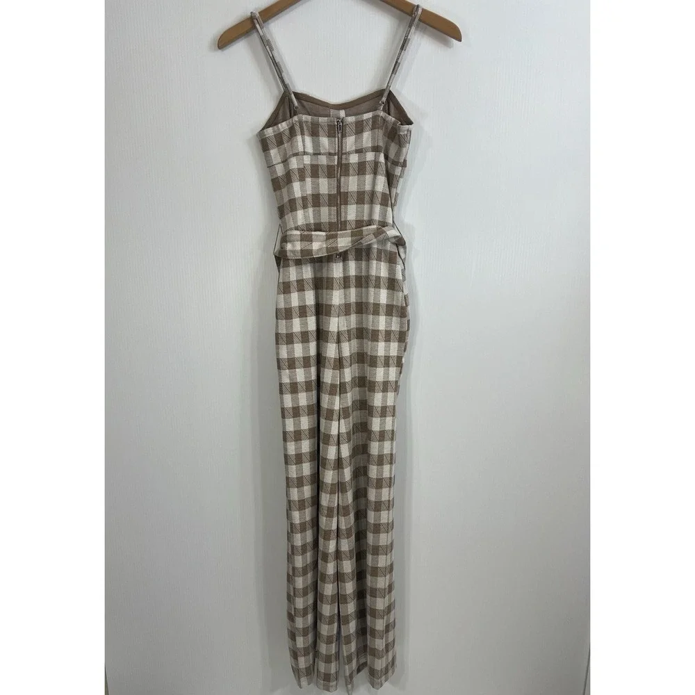 En Saison ANTHROPOLOGIE Mani Gingham Plaid Jumpsuit Size XS Beige Belted Pockets